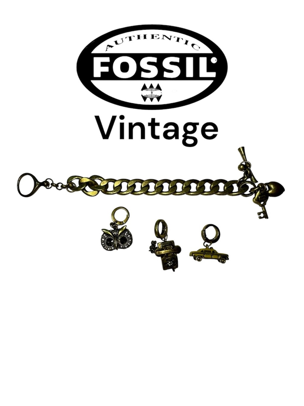 FOSSIL Vintage Gold-Tone  Charm Bracelet with 3 Charms